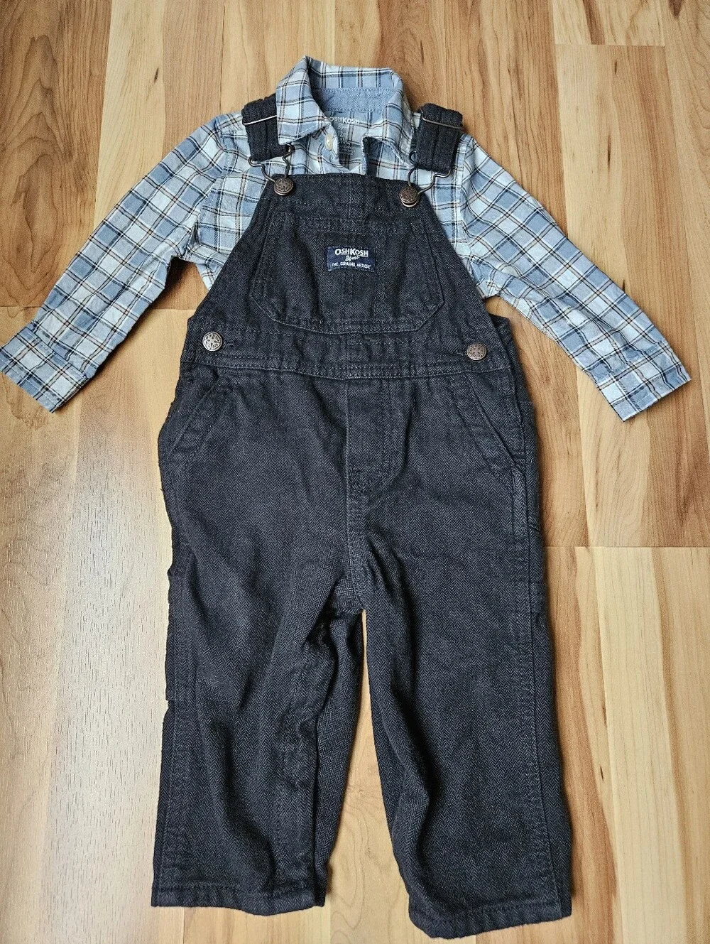 OshKosh B'gosh Black Denim Overalls with Light Blue Plaid Bodysuit Onesie 12 Mo